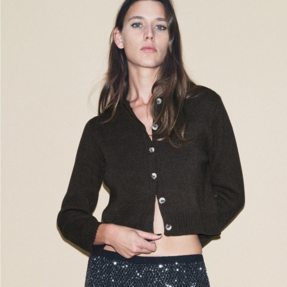 Zara Brown Cropped Button-Up Knit Cardigan. Size XS . Style 6236/103/700